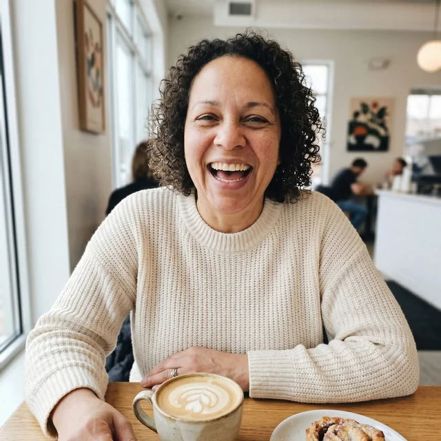 A smiling woman enjoying coffee in a cafe